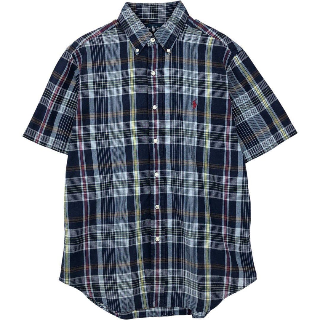 Ralph Lauren Classic Fit short sleeve button down check shirt, men's size M cotton navy blue type Vintage Second Hand