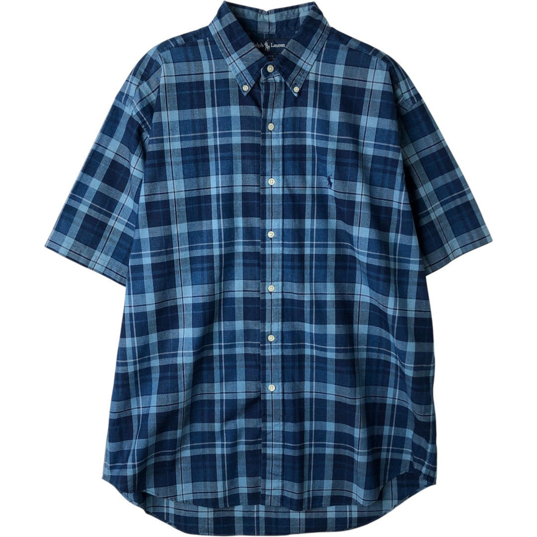 Ralph Lauren BLAKE short sleeve button down check shirt, men's size L cotton navy blue type Vintage Second Hand