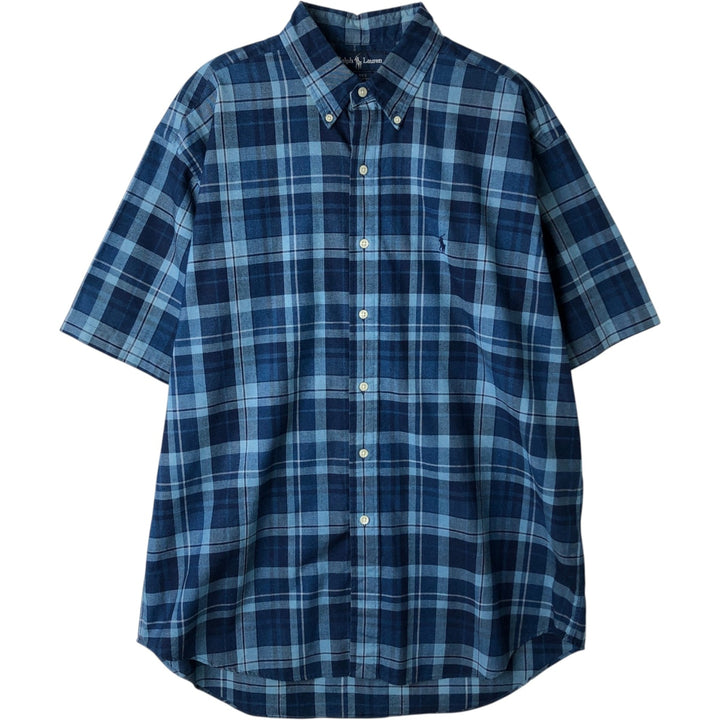 Ralph Lauren BLAKE short sleeve button down check shirt, men's size L cotton navy blue type Vintage Second Hand
