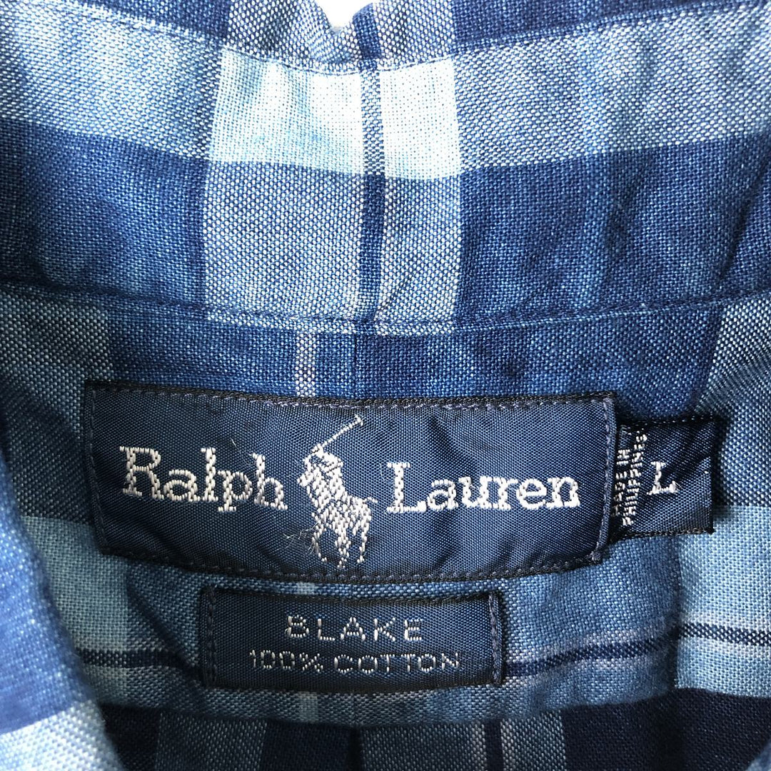 Ralph Lauren BLAKE short sleeve button down check shirt, men's size L cotton navy blue type Vintage Second Hand