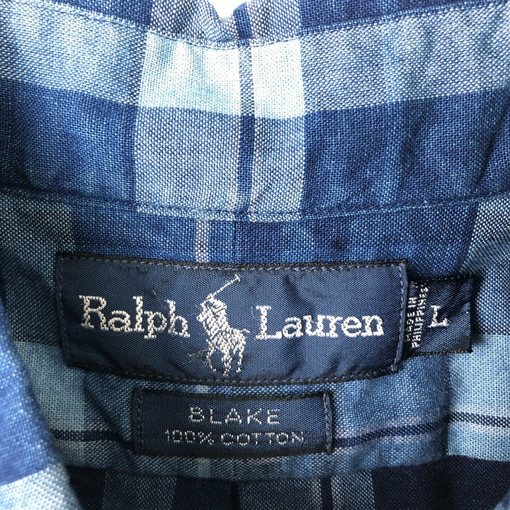 Ralph Lauren BLAKE short sleeve button down check shirt, men's size L cotton navy blue type Vintage Second Hand