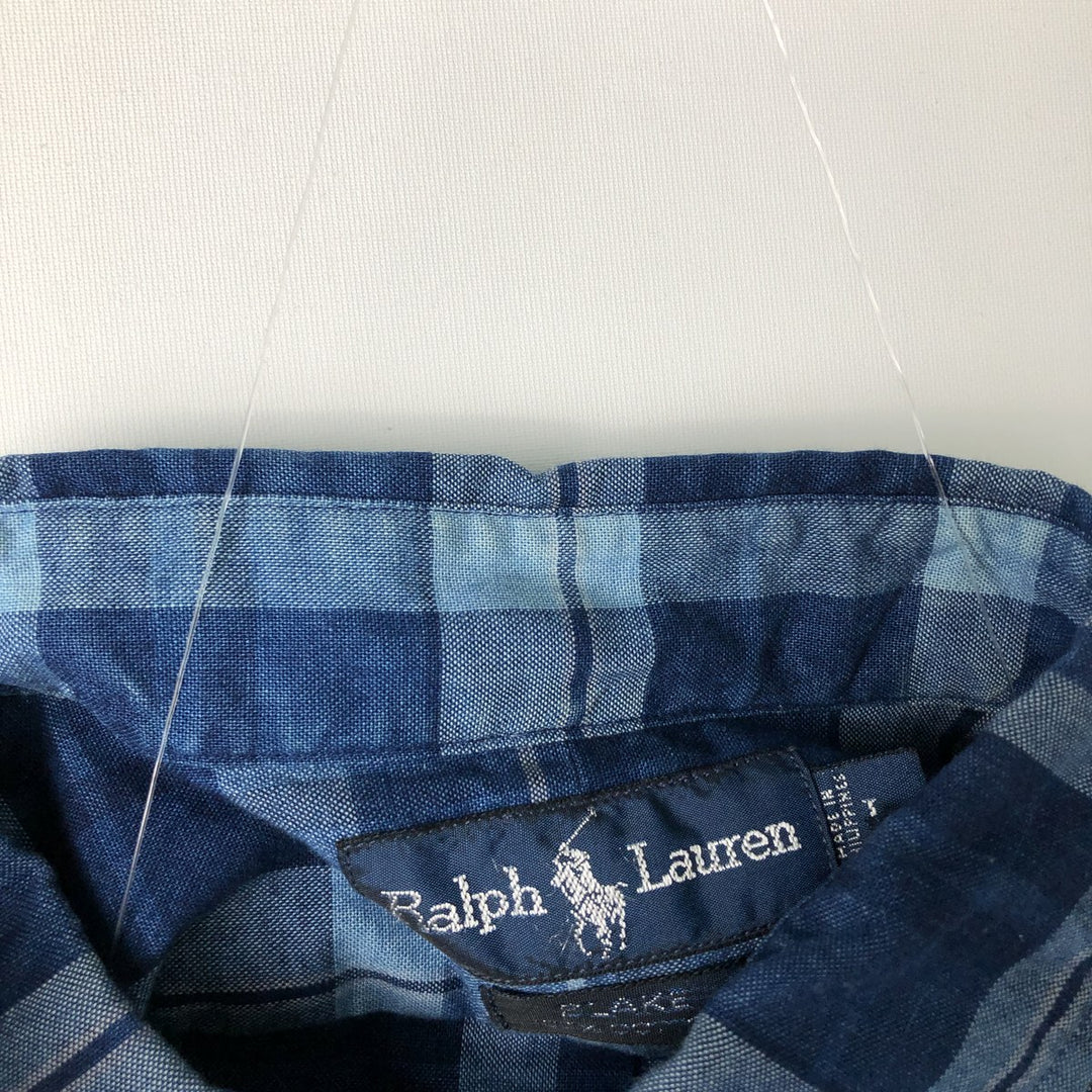Ralph Lauren BLAKE short sleeve button down check shirt, men's size L cotton navy blue type Vintage Second Hand