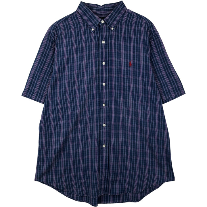 Ralph Lauren Classic Fit short sleeve button down check shirt, men's size XL cotton navy blue type Vintage Second Hand