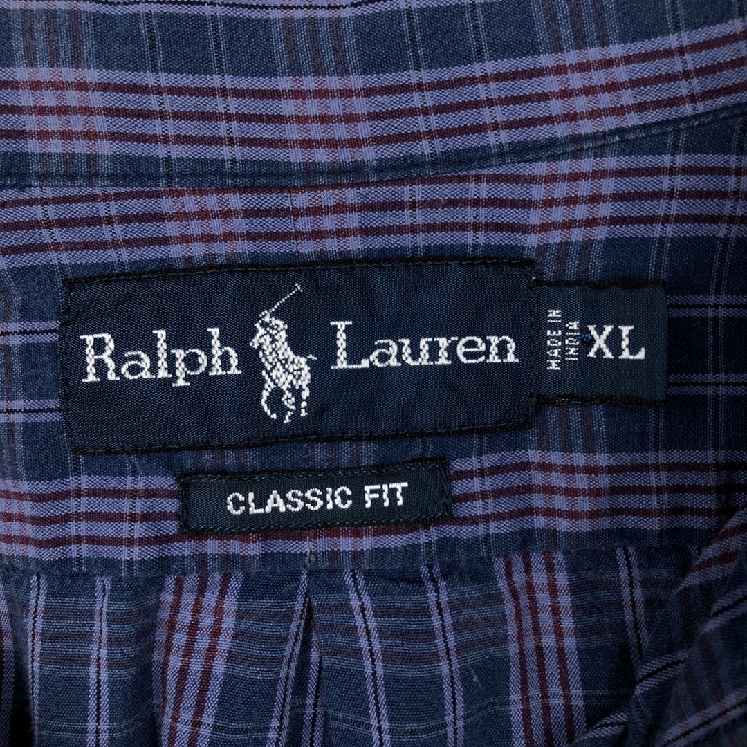Ralph Lauren Classic Fit short sleeve button down check shirt, men's size XL cotton navy blue type Vintage Second Hand