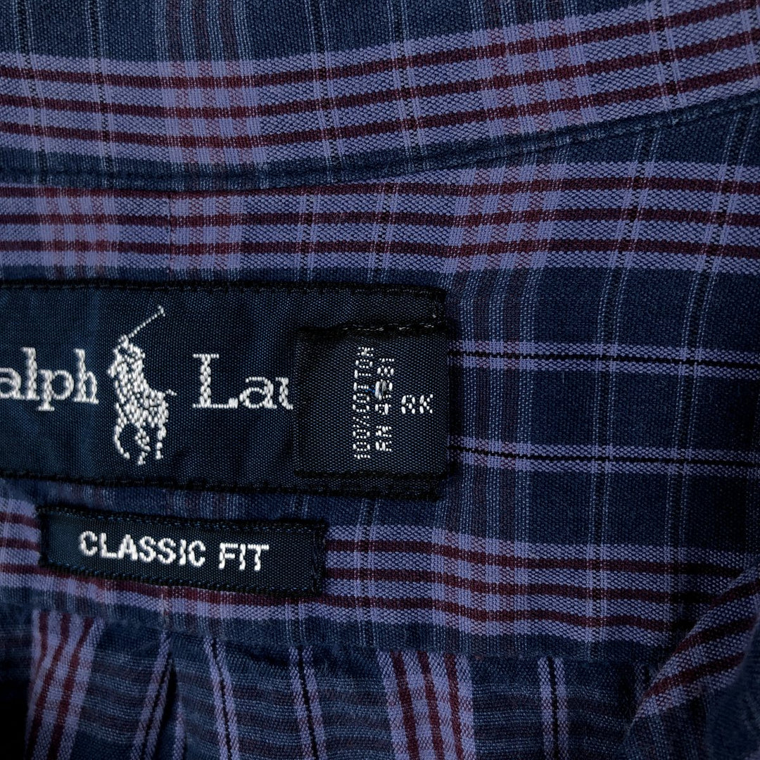 Ralph Lauren Classic Fit short sleeve button down check shirt, men's size XL cotton navy blue type Vintage Second Hand