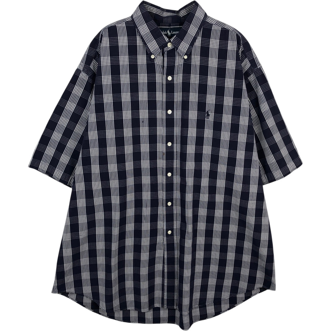 Ralph Lauren BLAKE Check Pattern Short-Sleeve Button-Down Check Shirt, Made in Mauritius, Men's Size XL (approx.) cotton navy blue type Vintage Second Hand