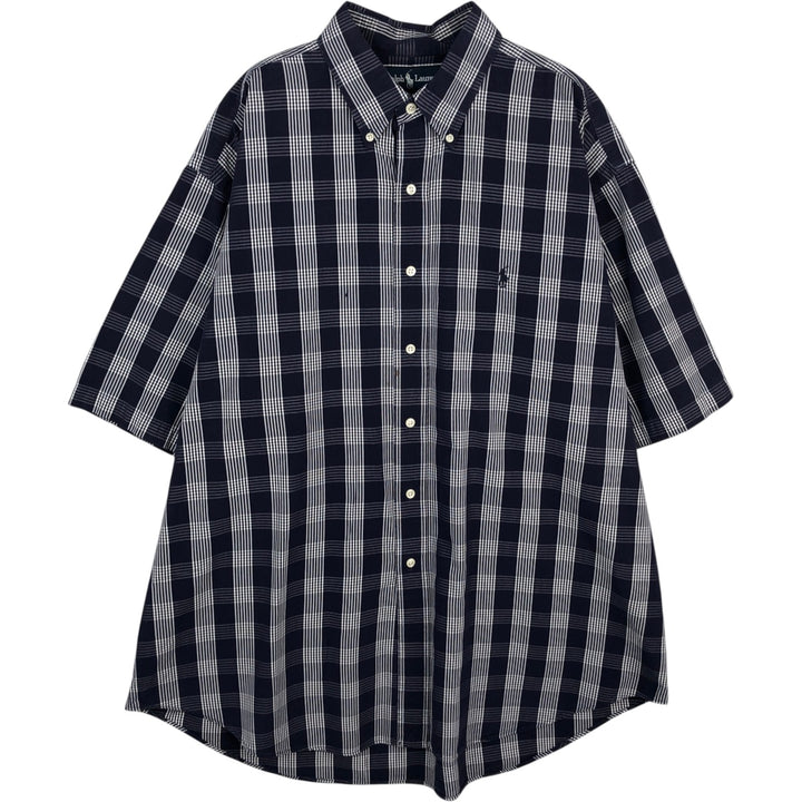 Ralph Lauren BLAKE Check Pattern Short-Sleeve Button-Down Check Shirt, Made in Mauritius, Men's Size XL (approx.) cotton navy blue type Vintage Second Hand
