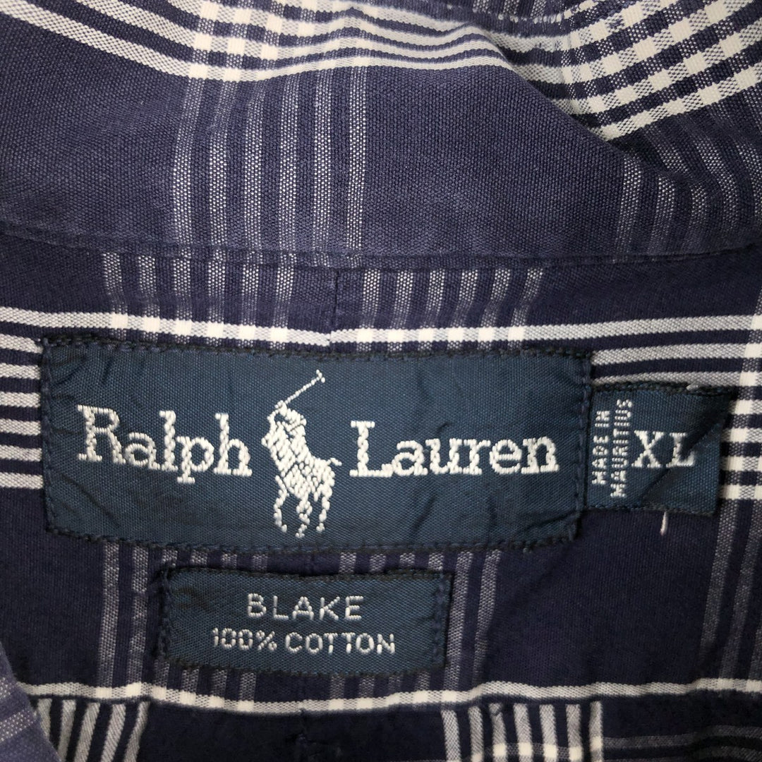Ralph Lauren BLAKE Check Pattern Short-Sleeve Button-Down Check Shirt, Made in Mauritius, Men's Size XL (approx.) cotton navy blue type Vintage Second Hand