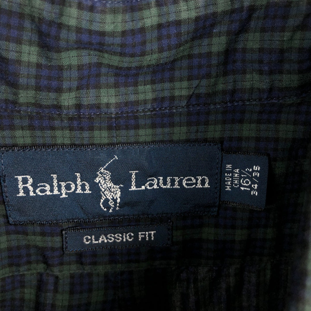 Ralph Lauren Blackwatch check short-sleeved button-down check shirt, men's size L (approx.) cotton Green type dark green Vintage Second Hand
