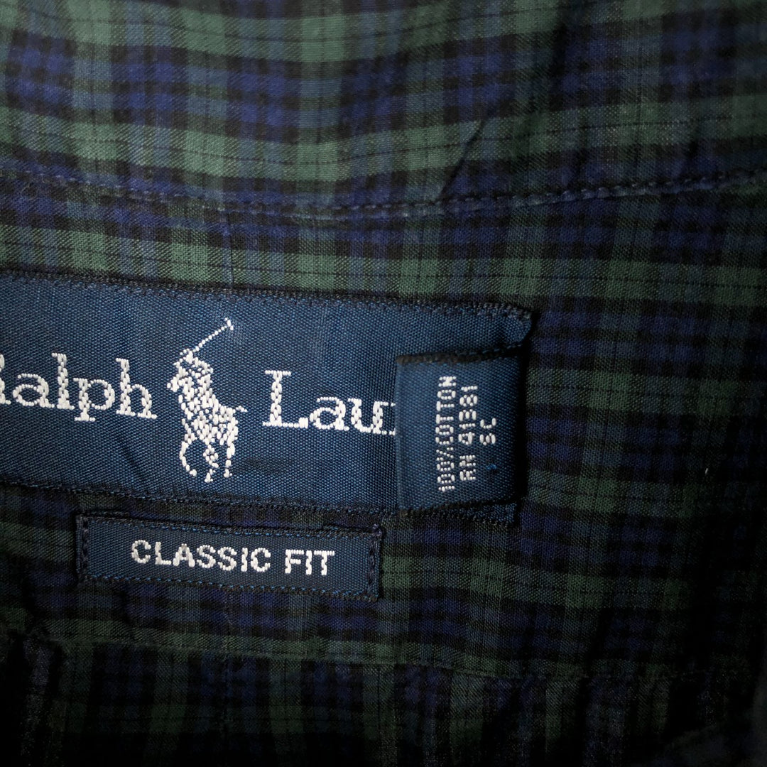 Ralph Lauren Blackwatch check short-sleeved button-down check shirt, men's size L (approx.) cotton Green type dark green Vintage Second Hand