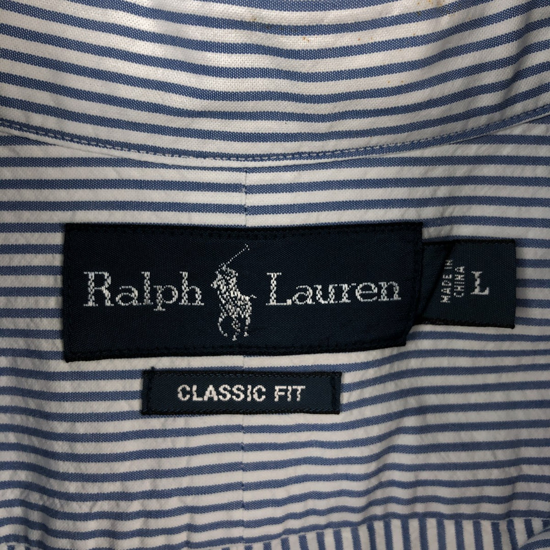 Ralph Lauren CLASSIC FIT Stripe Pattern Short-Sleeve Button-Down Stripe Shirt, Men's Size L (approx.) cotton blue type Vintage Second Hand