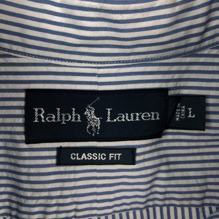Ralph Lauren CLASSIC FIT Stripe Pattern Short-Sleeve Button-Down Stripe Shirt, Men's Size L (approx.) cotton blue type Vintage Second Hand