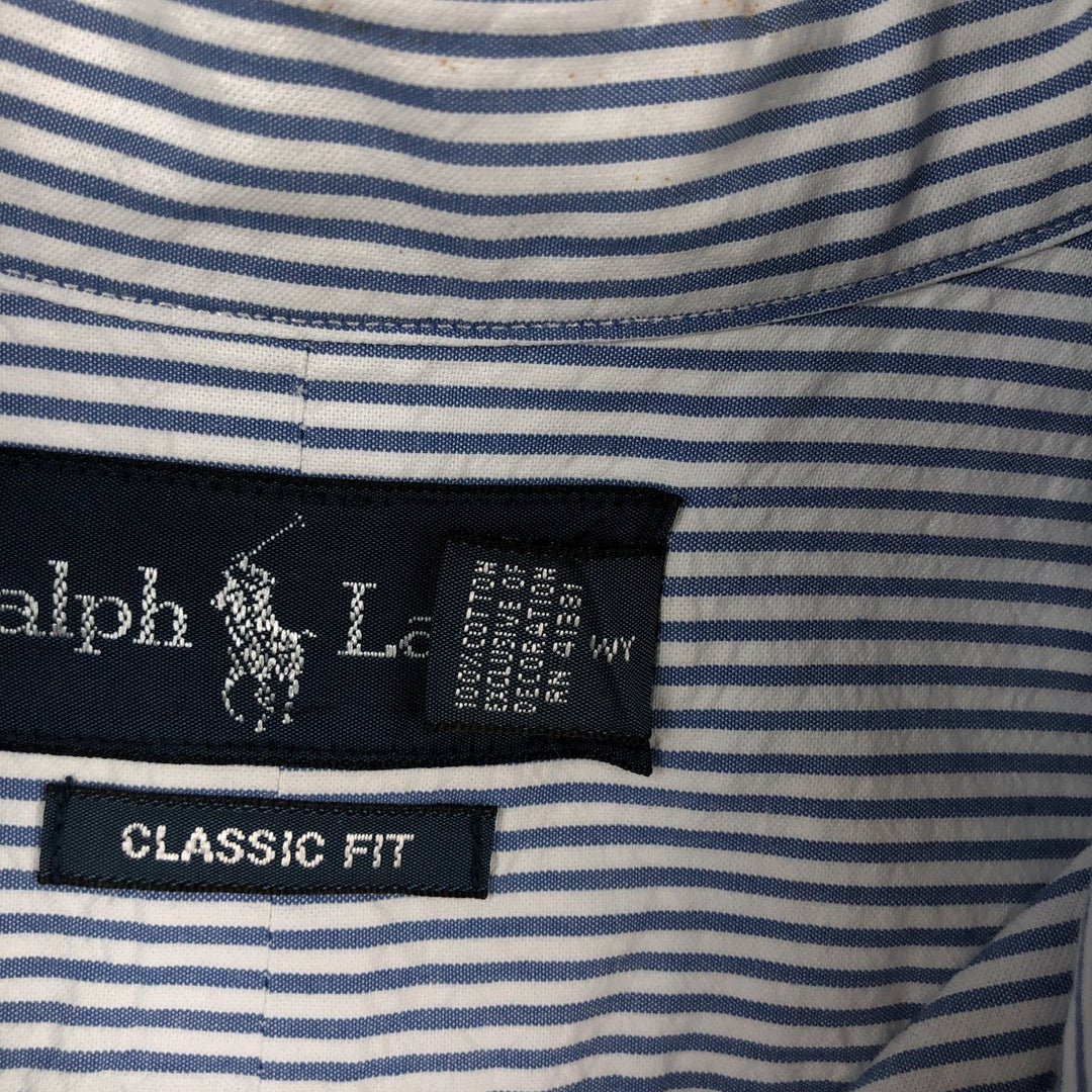 Ralph Lauren CLASSIC FIT Stripe Pattern Short-Sleeve Button-Down Stripe Shirt, Men's Size L (approx.) cotton blue type Vintage Second Hand