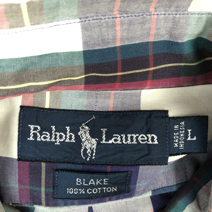 Ralph Lauren BLAKE short sleeve button down check shirt, men's size L cotton purple type Vintage Second Hand