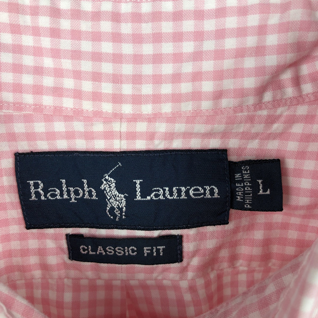 Ralph Lauren CLASSIC FIT Gingham Check Short-Sleeve Button-Down Check Shirt (Men's Size L) cotton pink type Vintage Second Hand