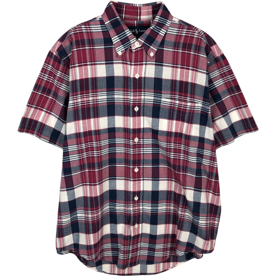 Ralph Lauren short-sleeved button-down check shirt, made in India, men's size L equivalent. cotton Red type red-purple Vintage Second Hand
