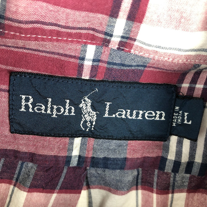 Ralph Lauren short-sleeved button-down check shirt, made in India, men's size L equivalent. cotton Red type red-purple Vintage Second Hand
