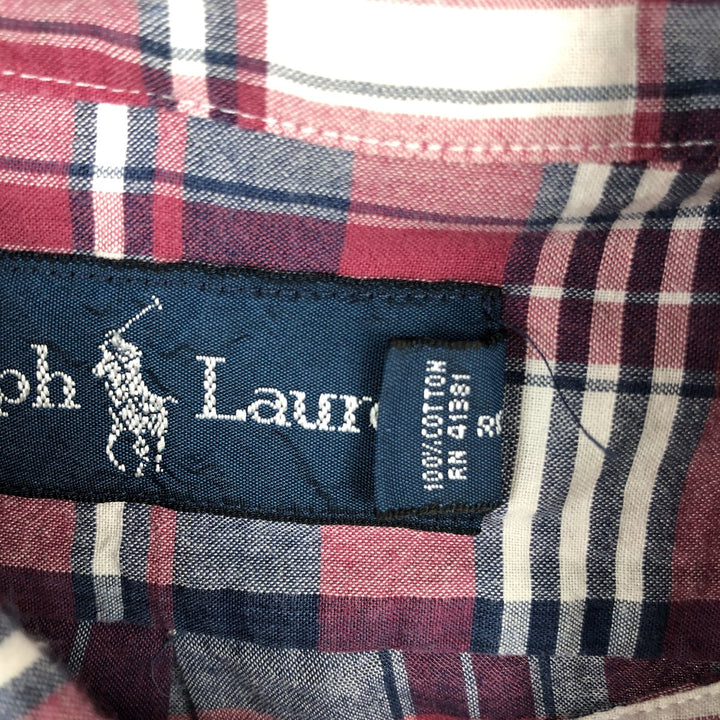 Ralph Lauren short-sleeved button-down check shirt, made in India, men's size L equivalent. cotton Red type red-purple Vintage Second Hand