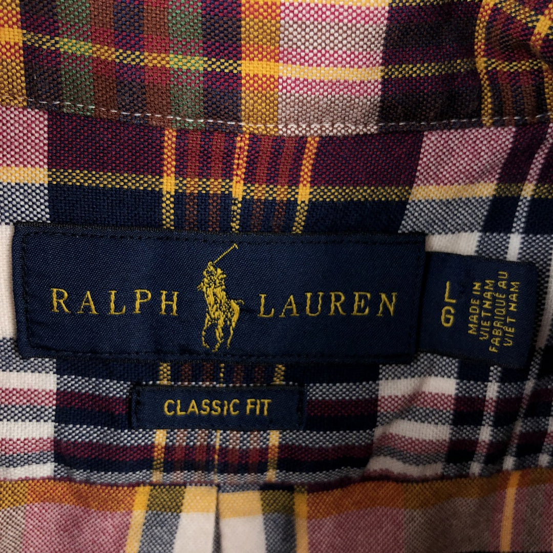 Ralph Lauren Classic Fit short sleeve button down check shirt, men's size L cotton wine-red Vintage Second Hand