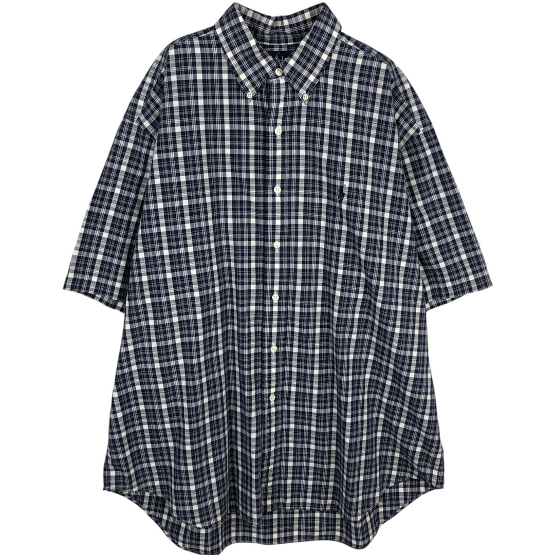 Ralph Lauren BLAKE Check Pattern Short-Sleeve Button-Down Check Shirt, Men's Size XL (approx.) cotton navy blue type Vintage Second Hand