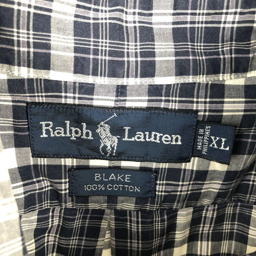 Ralph Lauren BLAKE Check Pattern Short-Sleeve Button-Down Check Shirt, Men's Size XL (approx.) cotton navy blue type Vintage Second Hand