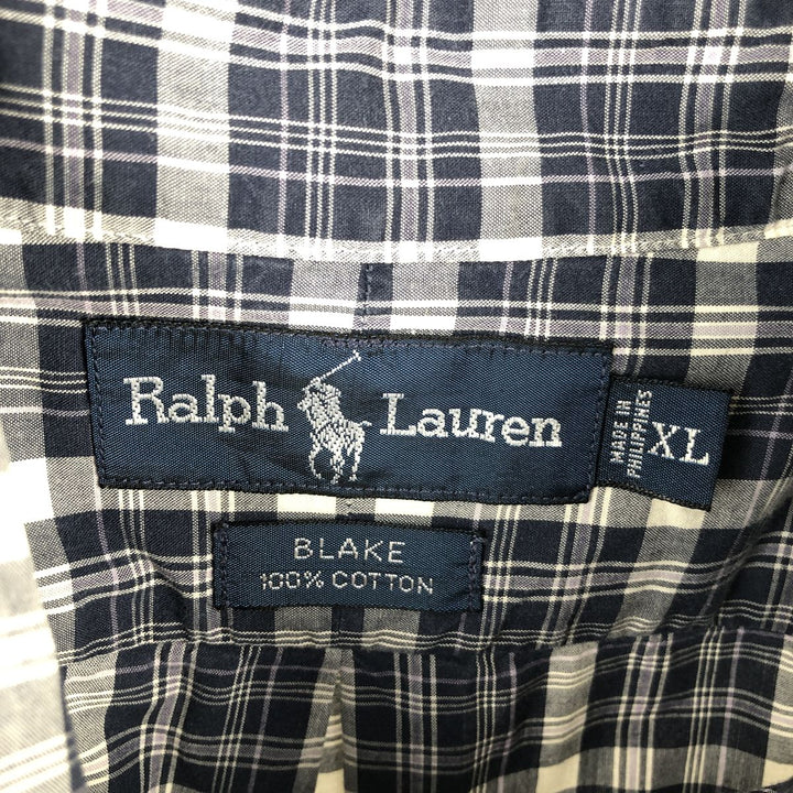 Ralph Lauren BLAKE Check Pattern Short-Sleeve Button-Down Check Shirt, Men's Size XL (approx.) cotton navy blue type Vintage Second Hand