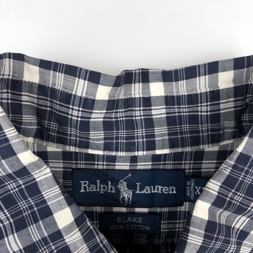 Ralph Lauren BLAKE Check Pattern Short-Sleeve Button-Down Check Shirt, Men's Size XL (approx.) cotton navy blue type Vintage Second Hand