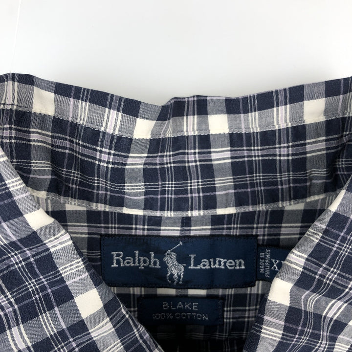 Ralph Lauren BLAKE Check Pattern Short-Sleeve Button-Down Check Shirt, Men's Size XL (approx.) cotton navy blue type Vintage Second Hand