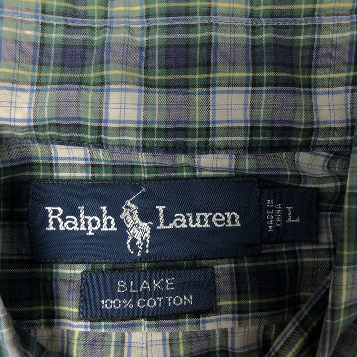Ralph Lauren BLAKE long sleeve button down check shirt, men's size L cotton navy blue type Vintage Second Hand
