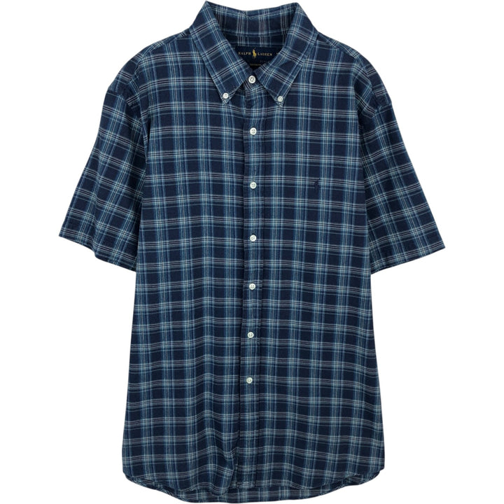 Ralph Lauren CUSTOM FIT short sleeve button down check shirt men's XL size cotton navy blue type Vintage Second Hand