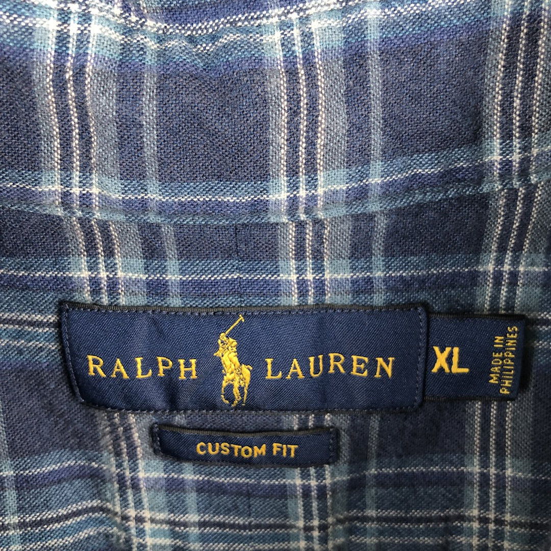Ralph Lauren CUSTOM FIT short sleeve button down check shirt men's XL size cotton navy blue type Vintage Second Hand