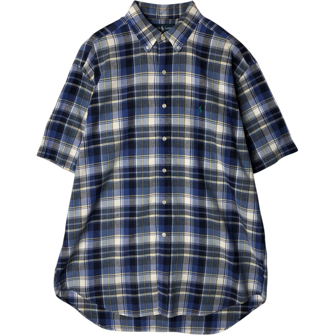 Ralph Lauren BLAKE short sleeve button down check shirt, men's size L cotton navy blue type Vintage Second Hand