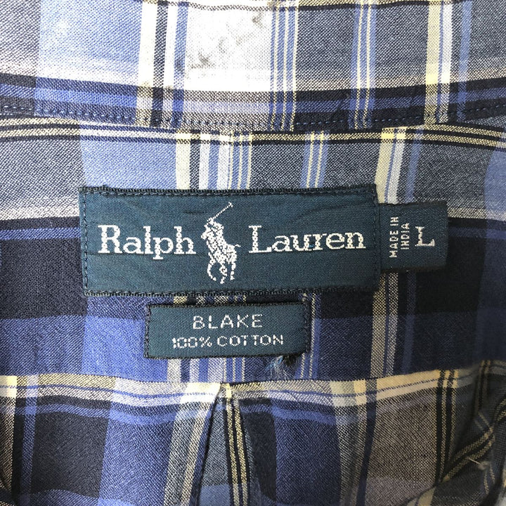 Ralph Lauren BLAKE short sleeve button down check shirt, men's size L cotton navy blue type Vintage Second Hand