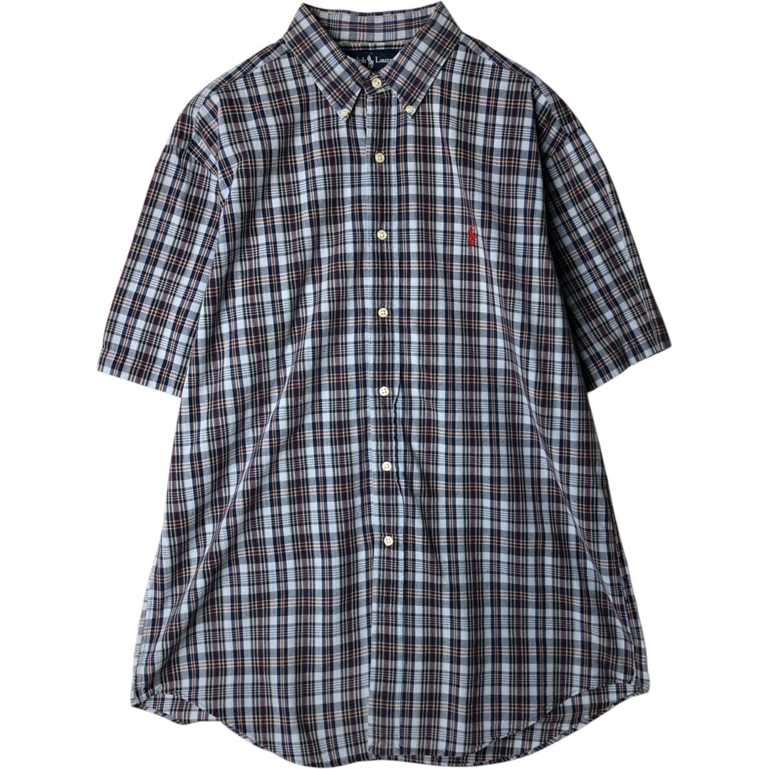 Ralph Lauren Classic Fit Short Sleeve Button Down Check Shirt Men's Size L cotton navy blue type Vintage Second Hand