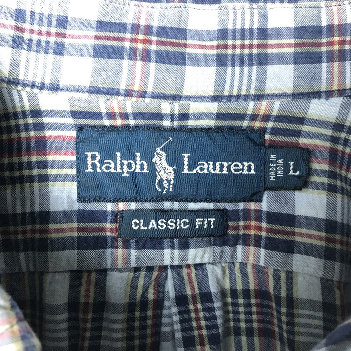 Ralph Lauren Classic Fit Short Sleeve Button Down Check Shirt Men's Size L cotton navy blue type Vintage Second Hand