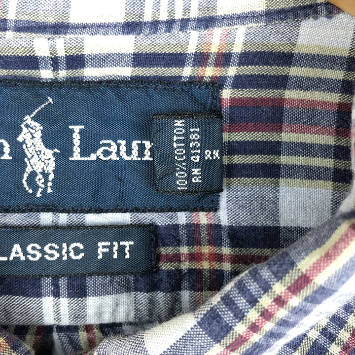 Ralph Lauren Classic Fit Short Sleeve Button Down Check Shirt Men's Size L cotton navy blue type Vintage Second Hand