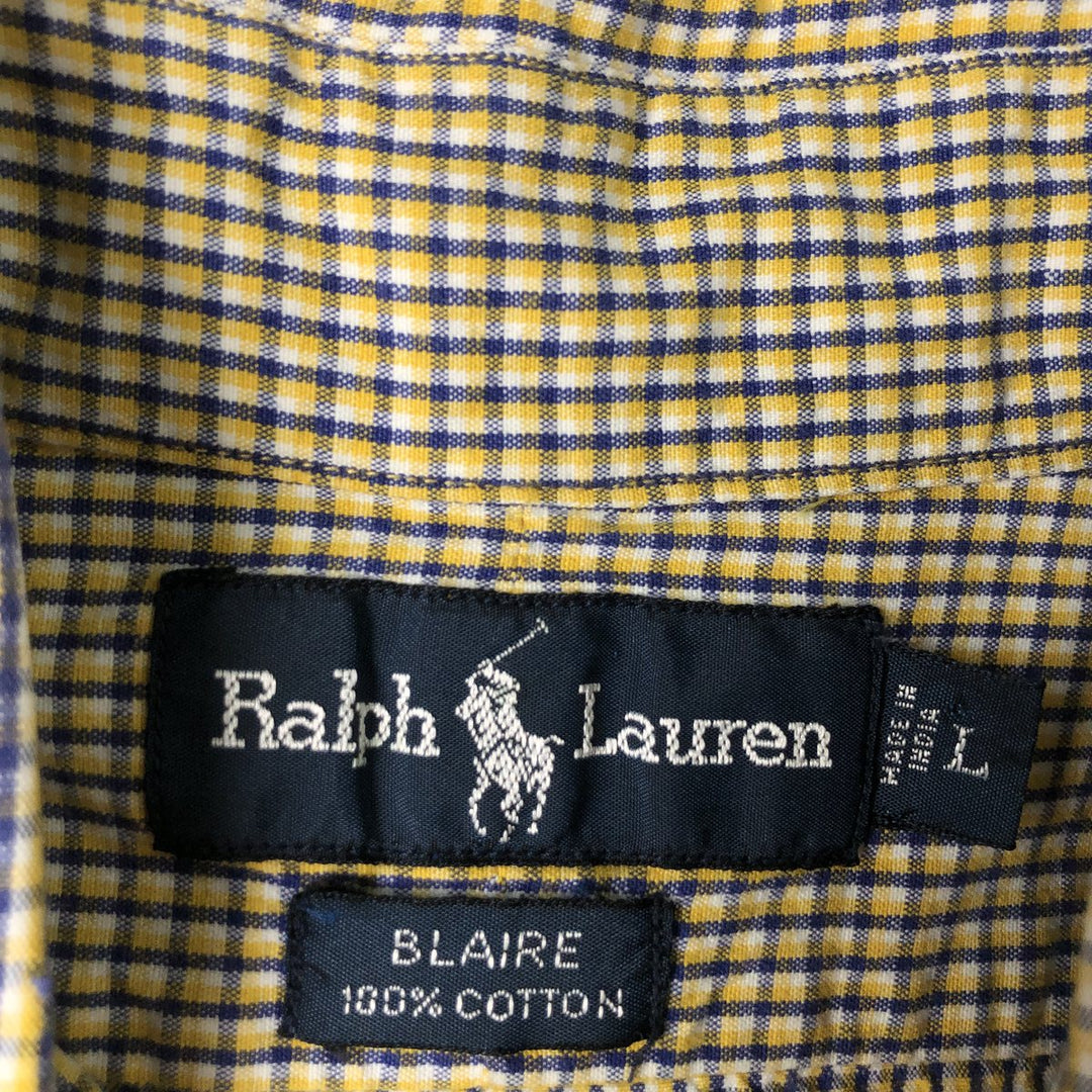 Ralph Lauren BLAIRE short sleeve button down check shirt, men's size L cotton yellow type Vintage Second Hand