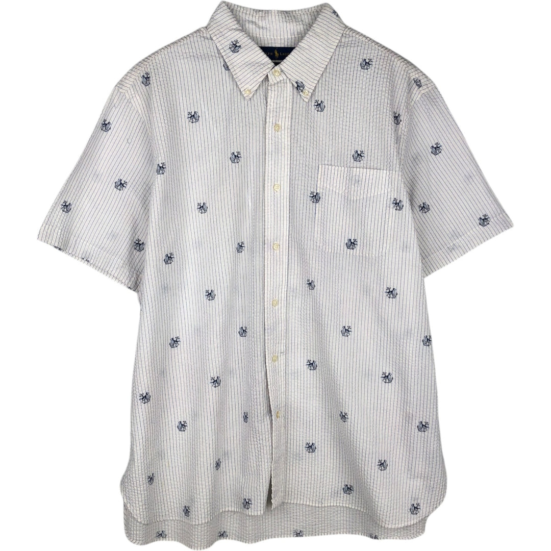 Ralph Lauren SEERSUCKER All-over Stripe Pattern Dog Print Seersucker Short-Sleeve Button-Down Stripe Shirt Men's XL (approx.) cotton white type Vintage Second Hand