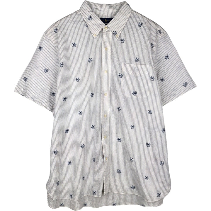 Ralph Lauren SEERSUCKER All-over Stripe Pattern Dog Print Seersucker Short-Sleeve Button-Down Stripe Shirt Men's XL (approx.) cotton white type Vintage Second Hand