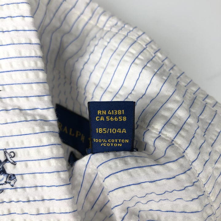 Ralph Lauren SEERSUCKER All-over Stripe Pattern Dog Print Seersucker Short-Sleeve Button-Down Stripe Shirt Men's XL (approx.) cotton white type Vintage Second Hand