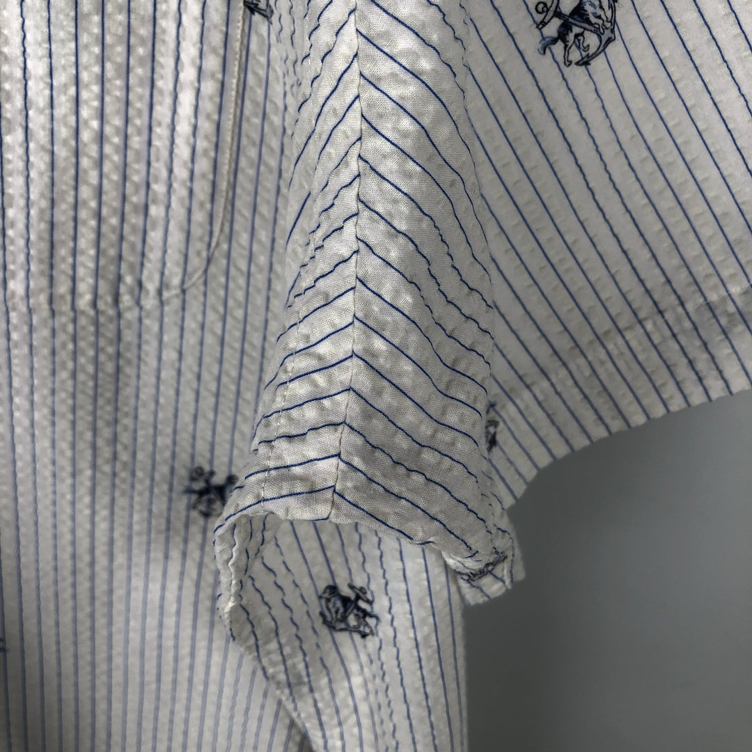 Ralph Lauren SEERSUCKER All-over Stripe Pattern Dog Print Seersucker Short-Sleeve Button-Down Stripe Shirt Men's XL (approx.) cotton white type Vintage Second Hand