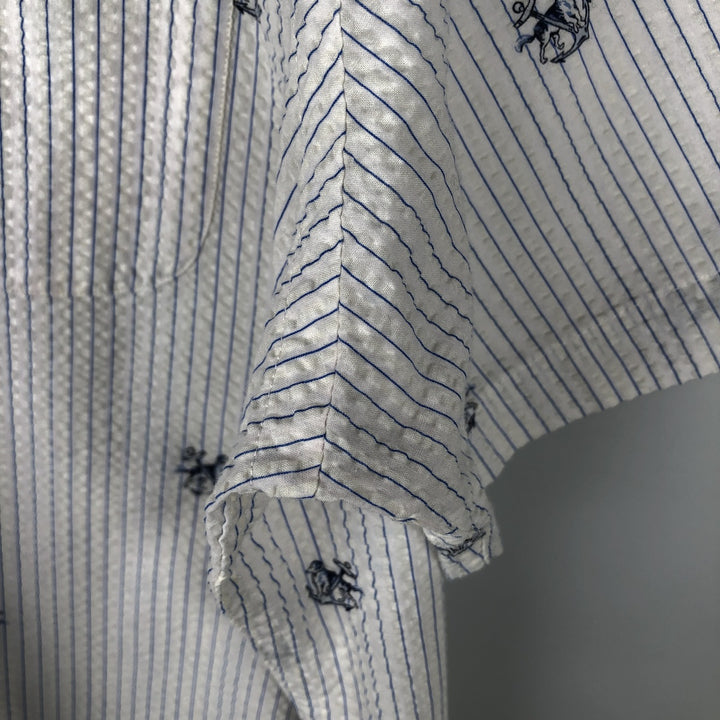 Ralph Lauren SEERSUCKER All-over Stripe Pattern Dog Print Seersucker Short-Sleeve Button-Down Stripe Shirt Men's XL (approx.) cotton white type Vintage Second Hand