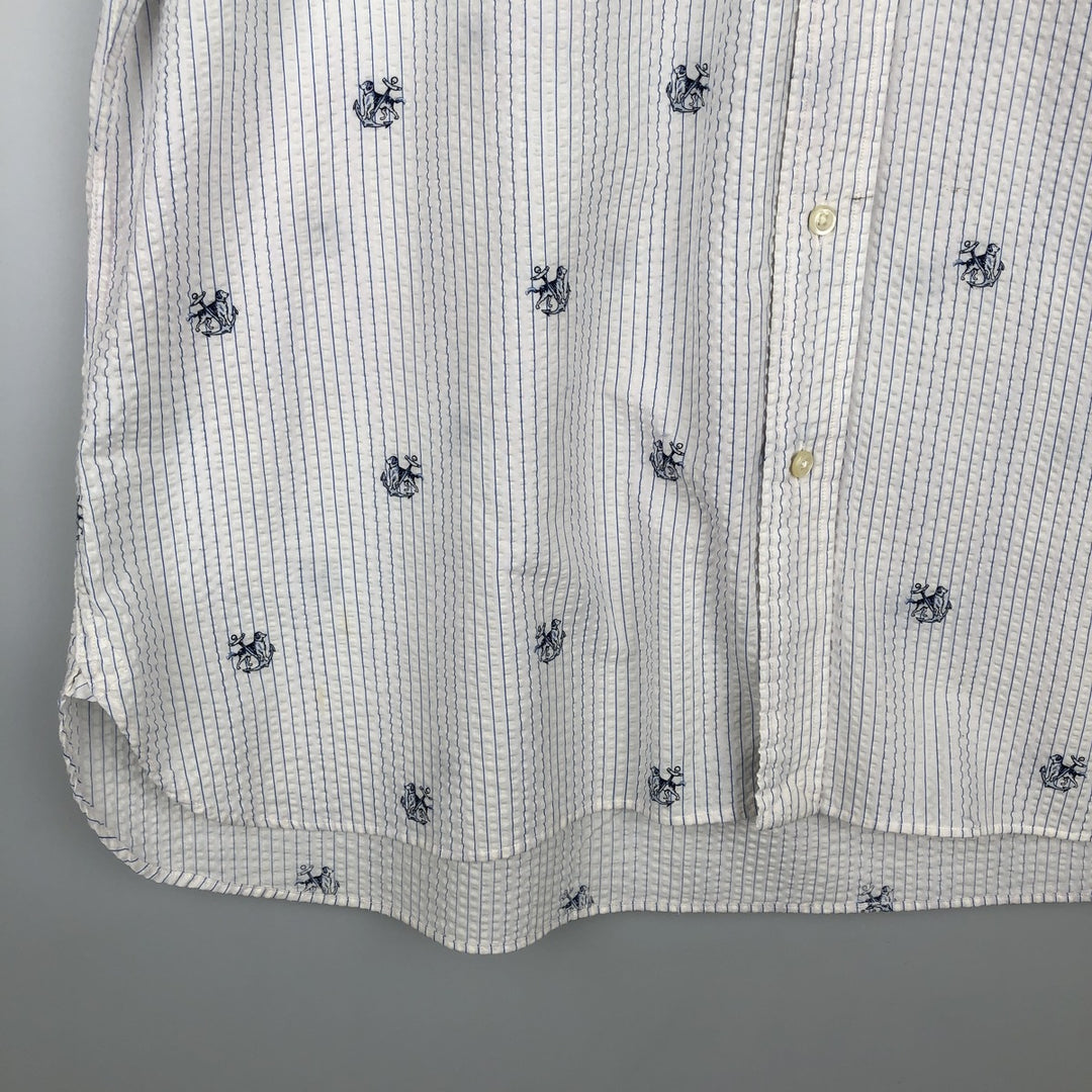 Ralph Lauren SEERSUCKER All-over Stripe Pattern Dog Print Seersucker Short-Sleeve Button-Down Stripe Shirt Men's XL (approx.) cotton white type Vintage Second Hand