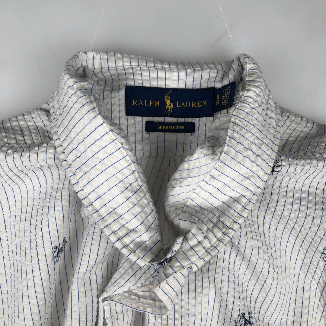 Ralph Lauren SEERSUCKER All-over Stripe Pattern Dog Print Seersucker Short-Sleeve Button-Down Stripe Shirt Men's XL (approx.) cotton white type Vintage Second Hand