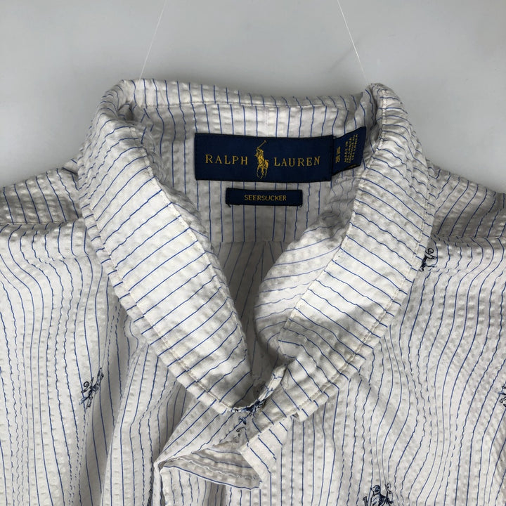 Ralph Lauren SEERSUCKER All-over Stripe Pattern Dog Print Seersucker Short-Sleeve Button-Down Stripe Shirt Men's XL (approx.) cotton white type Vintage Second Hand