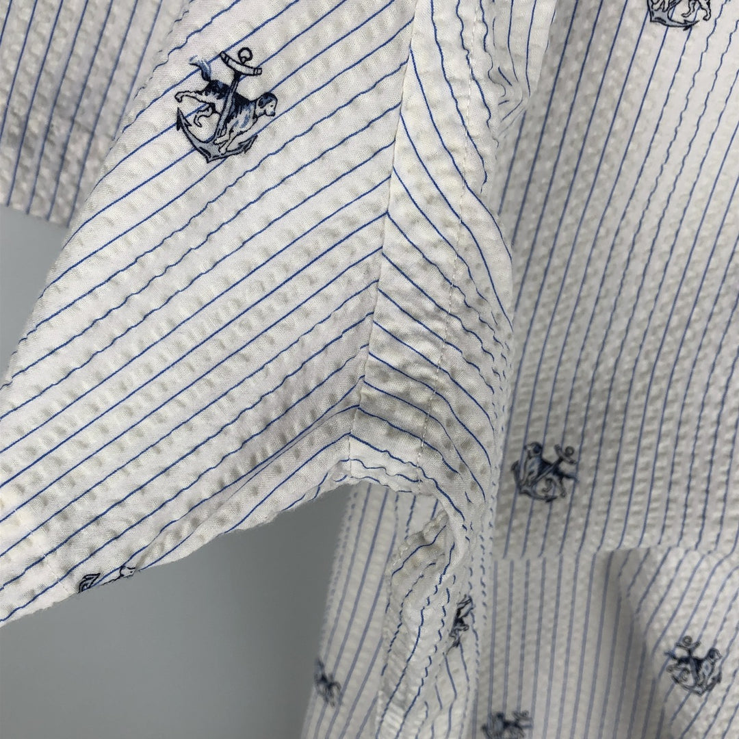 Ralph Lauren SEERSUCKER All-over Stripe Pattern Dog Print Seersucker Short-Sleeve Button-Down Stripe Shirt Men's XL (approx.) cotton white type Vintage Second Hand