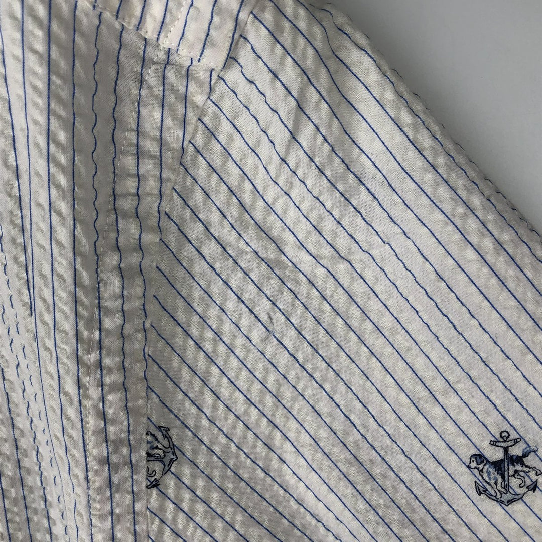 Ralph Lauren SEERSUCKER All-over Stripe Pattern Dog Print Seersucker Short-Sleeve Button-Down Stripe Shirt Men's XL (approx.) cotton white type Vintage Second Hand