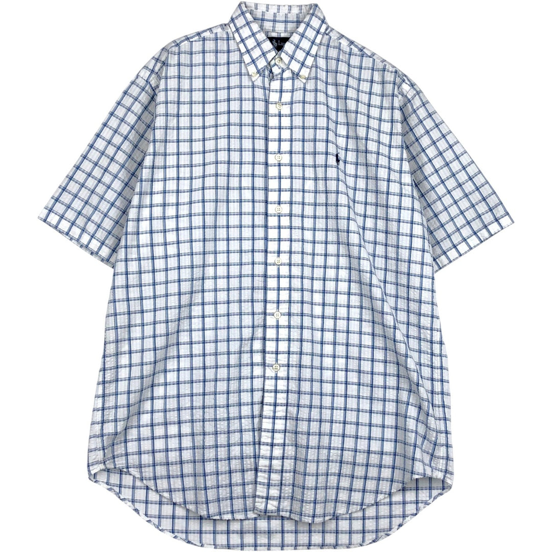 Ralph Lauren BLAIRE seersucker short-sleeved button-down check shirt, men's size M (approx.) cotton blue type Vintage Second Hand