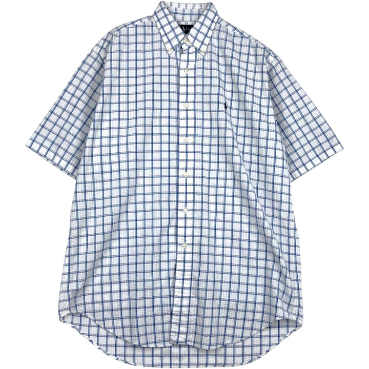Ralph Lauren BLAIRE seersucker short-sleeved button-down check shirt, men's size M (approx.) cotton blue type Vintage Second Hand