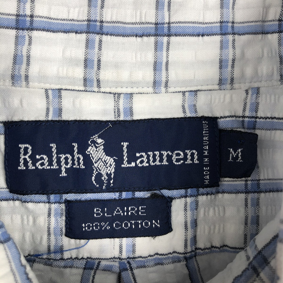 Ralph Lauren BLAIRE seersucker short-sleeved button-down check shirt, men's size M (approx.) cotton blue type Vintage Second Hand